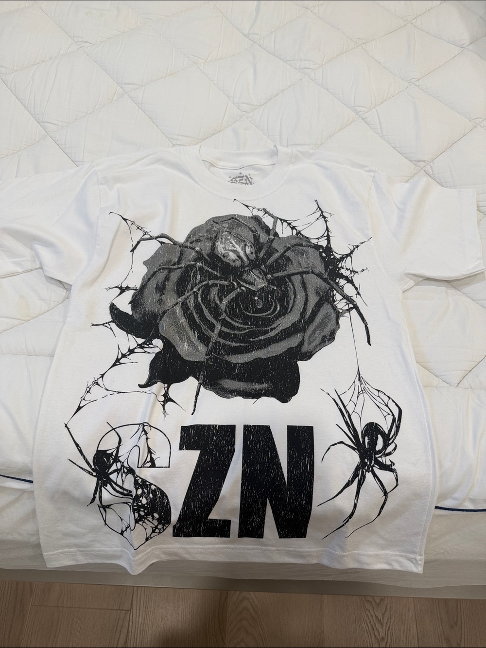 SZN White Short Sleeve Tee with Black Rose & Spider Graphic